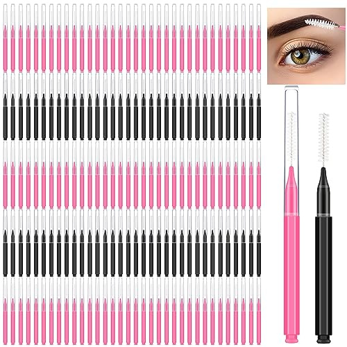 Patelai 150 Pieces Micro Eyebrow Brush with Cap Brow Lamination Spoolie Comb Lift Tools Lash Filler Eyelashes Extensions Eyebrows(Black, Pink)