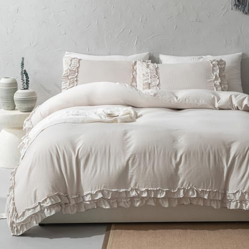 Herside Beige Grå Ruffle Duvet Cover Set 2 Lager Söt Volang Design Boho Farmhouse Super King Size 1 Påslakan + 2 Örngott (Beige, Super King)