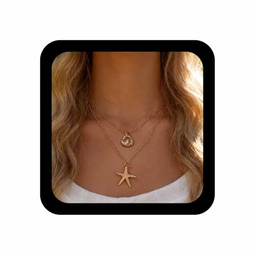 Inilbran Boho Geschichtete Muschel Seestern Halskette Vintage Muschel Choker Halskette Gold Seestern Anhänger Halskette Seesterns Muschels Kette Halskette Schmuck Für Frauen Und Mädchen