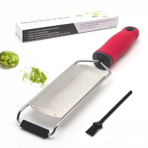 Cheese Grater Lemon Zester, Stainless Steel Grater Citrus Zester Tool for Parmesan Cheese Lemon, Ginger, Cheese, Nutmeg, Potato, Chocolate and Garlic, With Protective Cover-Red