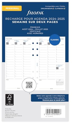 Filofax Personal FRENCH VERTICAL WEEK ON TWO PAGES MID YEAR AUG 24-JUL 25