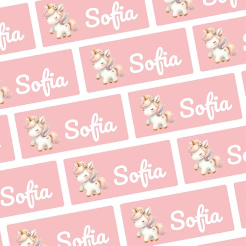 Namensaufkleber für Klamotten & Textilien (81 Sticker) – Aufkleber mit Name und Einhorn für Shirts oder Hosen – Ideal für Schule und Kindergarten – Wasserfest, Spülmaschinenfest, 30 x 13 mm