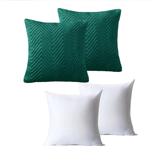 BedLooms Cushions with Covers Included 45 x 45 cm Set of 4 (2 Emerald Cushion Covers, 2 Cushion Inserts) Ultrasonic Square Throw Pillow Cases Decorative Sofa Cushion with Invisible Zipper