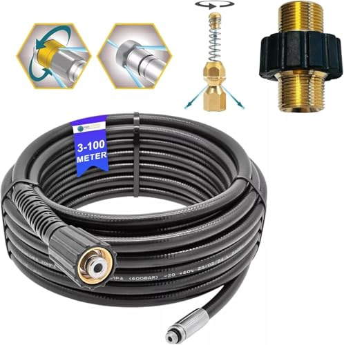 M&M Smartek Tuyau de nettoyage pour nettoyeur haute pression avec M22 x 1,5 + raccord + 3 buses (50 m)