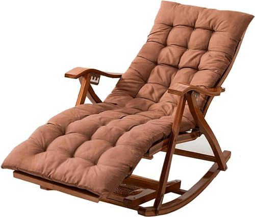 Sedia a dondolo pieghevole in bambù con braccioli e cuscinetto in cotone per reclinabile da giardino e balcone - Ventilazione estiva, portatile e capacità di carico 200 kg - Cuscino grigio incluso