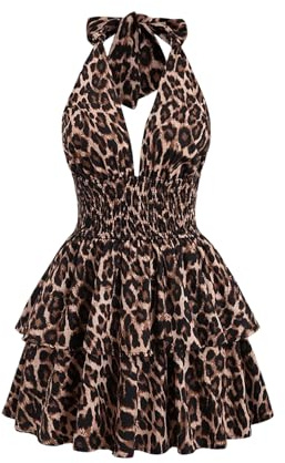 GORGLITTER Women's Leopard Print Dress Halter Neck Going Out Mini Dress | V Neck, Tie Backless, Ruffle A Line Vacation Dresses, Summer Short Dress for Holiday, Beach, Birthday