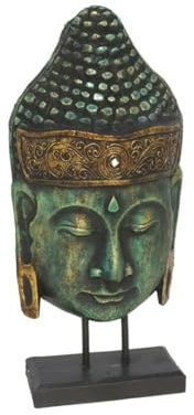 Gissed Testa di Buddha decorativa, verde antico e oro, base in legno, 50 cm, statua di meditazione