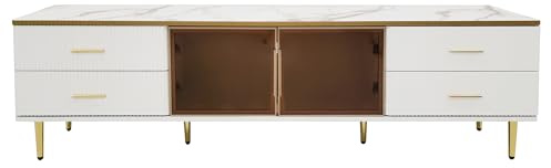 SogesPower TV-Schrank in Marmoroptik mit 4 Wellenstruktur-Schubladen & 2 braunen Gehärtetglas-Türen Aluminiumrahmen RGB-LED-Beleuchtung 170x37x47,5 cm für Wohnzimmer