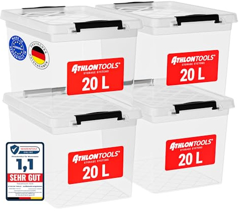 ATHLON TOOLS 4x 20 L Aufbewahrungsboxen mit Deckel, lebensmittelecht | Inkl. Verschlussclips - 100% Neumaterial Plastik-Box transparent - Kleiderboxen stapelbar