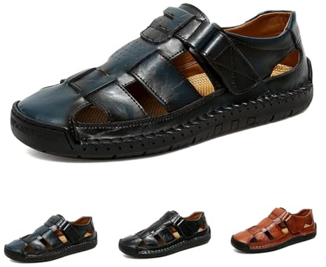 POIOZXD Sandalias para hombre de cuero, punta cerrada, sandalias ortopédicas de verano, transpirables, cosidas a mano, fáciles de poner, de cuero, zapatos de pescador para paseos, senderismo, playa
