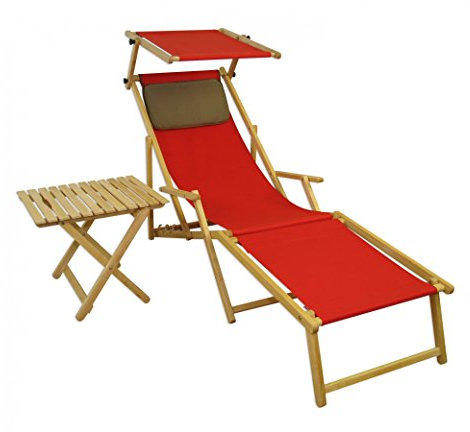 Erst-Holz Lungo Sdraio Rosso in Faggio con poggiapiedi Parasole tavolino Cuscino Scuro 10-308NFSTKD