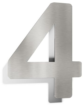 Edelstahl Hausnummer 4 - massiv, wetterfest & rostfrei - 14 cm groß - mit Befestigungsmaterial - Design Hausnummern-Schild gebürstet N-01-4-E