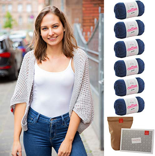 Seelenwärmer Stricken -Strickpackung Seelenwärmer Baumwolle Nachtblau + GRATIS Label- 6X Baumwollgarn + Anleitung zum Stricken – Strickset sommerlicher Seelenwärmer – Baumwolle Strickset von Myoma