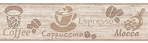 Frise papier peint cuisine beige marron motif café | Frise tapisserie cuisine beige crème | Frise murale tasse café pour cuisine