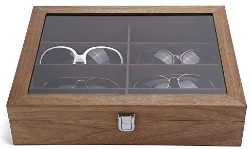 Brillenbox für die Aufbewahrung von 8 Brillen, 13,4 x 10,4 x 3,1 Zoll - Sonnenbrillen Präsentation Brillendisplay, Holz, Transparent, Klassisches Design