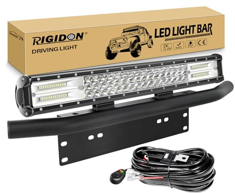 RIGIDON led lichtleiste 4x4 mit 12V kabelbaum und 58cm kennzeichenhalterung | 20 zoll 50cm 288W, 6000K weiß, wasserdichte, offroad beleuchtung, light bar, für LKW SUV KFZ auto Pickup fahrzeuge wohnwagen