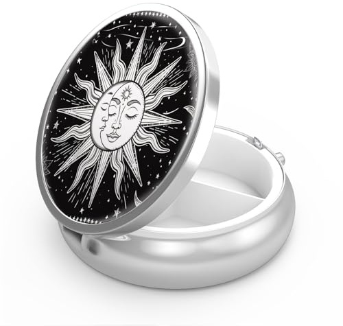 Pillendose mit 3 Fächern, klein, tragbar für Tasche oder Geldbörse, Pillen-Organizer, Pillenbehälter für Vitamine, Medikamente, Fischöl und Nahrungsergänzungsmittel (Sonne und Mond)