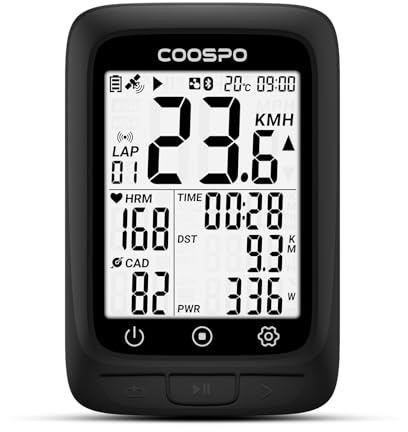 COOSPO Bike GPS, Wireless Cycling Computer with Bluetooth, Multifunctional Bicycle GPS with 2.4 LCD Screen, Bike Speedometer with Auto Backlight IP67