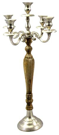 Kerzenständer 5-armig Kerzenleuchter Kandelaber aus Holz und Metall braun/Silber Höhe 60 cm