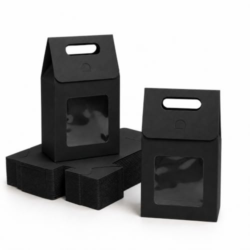 Emartbuy Starke Papier-Stand Up Geschenktüte, 27 cm x 16 cm x 9 cm, schwarze Kraftbeutel, Süßigkeitenkekse, mit transparentem Fenster, 12 Stück