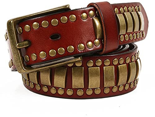 YDYBY Damenmodegürtel aus Leder, Retro-Nietengürtel für Damen, Unisex-Ledergürtel Punk Gürtel Gothic Modisch Studded Belt Jeansgürtel Kleid Belt Gold gewölbt Nietengürtel,Rot,110cm