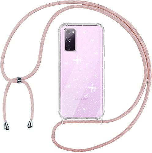 Tikgue Handykette für Samsung Galaxy S20 FE 4G / 5G Hülle mit Band, Handyhülle mit Kordel zum Umhängen Schutzhülle mit Kette Glitzer Transparent Weich TPU Silikon Bumper - Roségold