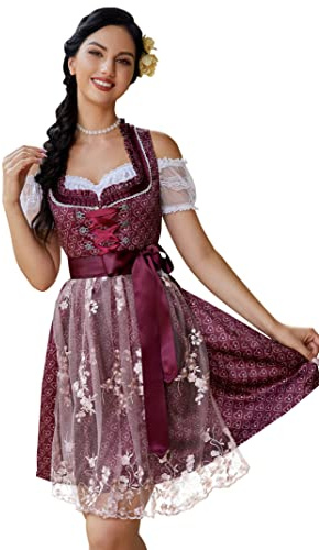 Kojooin Traditionell dirndldräkt för kvinnor, kort, midi, 3-delad, för oktoberfest – tre delar: klänning, blus och förkläde, 36