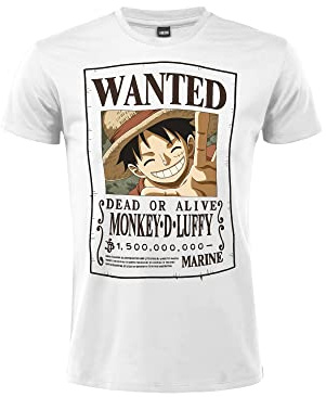 Sabor srl T-Shirt Chapeau de Paille Modèle Wanted Recherché Monkey D. Luffy. Coton. Unisexe, Blanc, Adulte garçon., Blanc, Medium