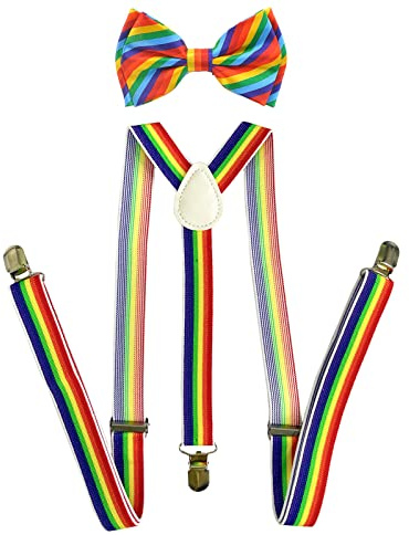 SUNTRADE Männer Frauen Clip-on Regenbogen Hosenträger Elastische Y-Form Verstellbar mit Clips und Fliege
