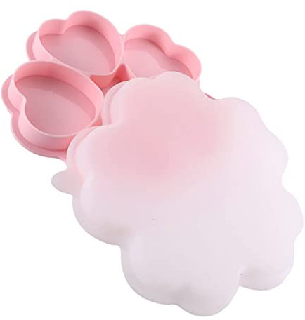 Housoutil Heart-shaped Silicone Burger Patty Mold 5-grid Multi-grid Burger Pan with Pink and White Lid Heat-resistant Reusable Baking Mold for Meat Pie and Homemade Making