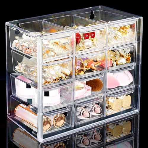 Desk Aufbewahrungsbox mit 12 Mini-Schubladen, ToyaJeco Klare Desktop Handwerk Schublade Schrank, Stackable Schreibtisch Organizer Caddy für Kosmetik Schmuck Schreibwaren(18x10x15.5cm)