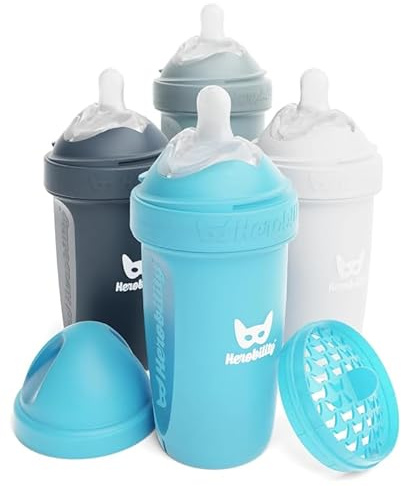 Herobility Anti-Colic Baby Bottles 8.5 fl oz/240ml - Pack of 4 Plastic Baby Bottles, Slow Flow Plastic Bottles, Breast-Shaped Teat for Breastfed Babies – Multicolor - White, Gray, Iron Blue, Blue
