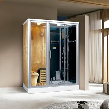 PureHaven Luxus 2 in 1 sauna finlandese e doccia a vapore, 170 x 100 cm, per 2 persone, massaggio a schiena e piedi, schermo LCD, radio e forno per sauna