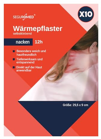 SEGURMED Wärmepflaster 10er Pack – Nackenwärmer gegen Nackenschmerzen – 12h Wärmekissen – Wärmeauflage selbstklebend – Ideal bei Verspannungen