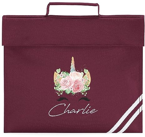 Personalised Floral Unicorn Head Book Bag Backpack for Girls Back to School Nursery Kids, One Size, Burgundy