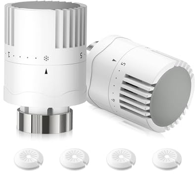 HOMGEN Thermostatic Radiator Valve Head 2 Pack Radiator Thermostat Valve Head M30 x 1.5 TRV Head White TRV Radiator Valves Head Set trv durable 2 way replacement head With 4Pcs Radiator Pipe Covers