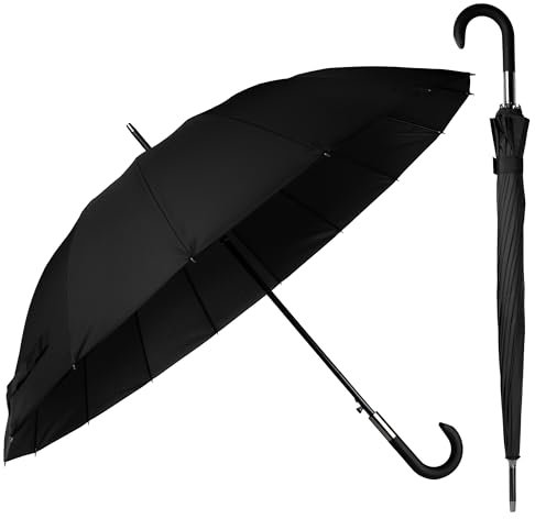 BESCH Paraguas Largo Clásico Grande Automático y Resistente al Viento (Negro)