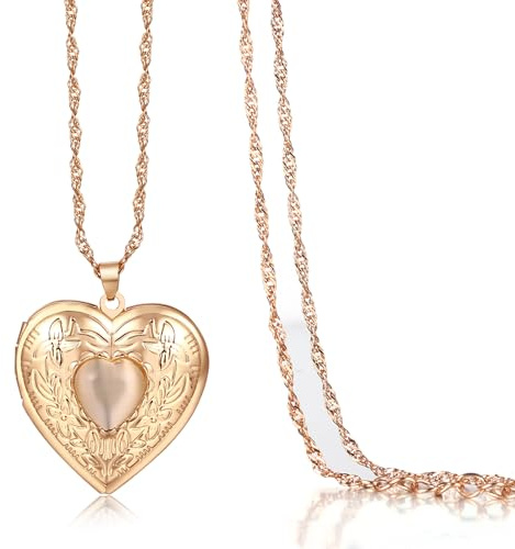JewelryWe Medallón de corazón para mujer: medallón de acero inoxidable con forma de corazón para abrir, colgante de corazón, fotos, rellenable, amuleto, cadena con colgante de corazón, regalo para