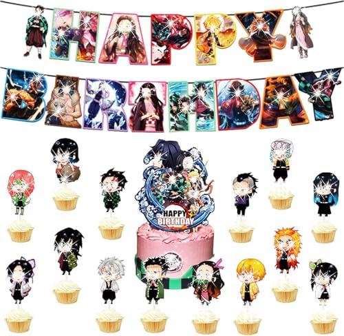 Tortendeko, 16 Geburtstagsdeko, Happy Birthday Banner, Anime Muffin Deko | Thema Party Deko, Kuchen Dekos, Party Dekos Geburtstag, Tortenaufleger für Partys Zubehör