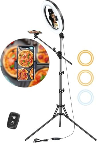 Overhead Stativ Handy mit Ringlicht – Doppelhalterung für 2 Smartphones, Höhenverstellbares Ringlicht mit Stativ aus Metall, 10.5 Ringlichter Ring Light für Kochen/Food-Creator/Vlogging/Make-up/DIY