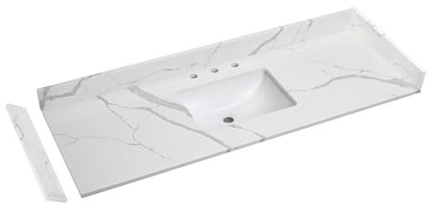 EQLOO 60 in.W x 22 in.D Quartz Calacatta River Vanity Top,with Undermount Middle Sink Vanity Top,with Two Sidesplash & One Backsplash,8 Inch Faucet Hole Spread Bathroom Vanity Sink Countertop