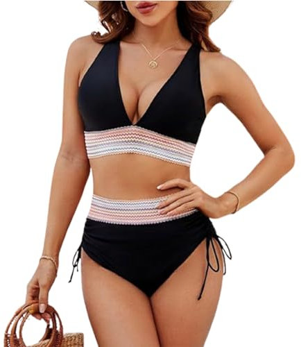 YOMORIO Damen Bikini Set, Zweiteiliger Badeanzug Bauchweg V Ausschnitt überkreuztes Bikini Bademode Bauchkontrolle High Waist Swimsuit Sexy Bikini Sets Push Up Strapazierfähiger Sport-Bikini