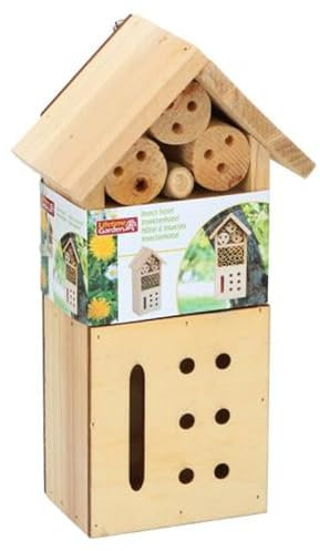 Casetta per insetti in legno naturale, per attirare api, farfalle, insetti, coccinelle, creature da giardino, 25,5 cm