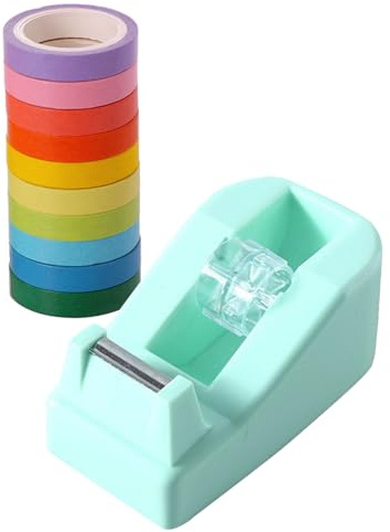 Klebebandabroller für Schreibtische, Klebebandspender und 10 Rollen Washi Tape Set, Tischabroller Abroller für Schule, Zuhaus (Grün)