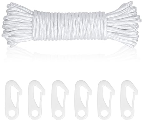 Fahnenmast-Seil mit 6 Fahnenmast-Clips, 20 m dickes Nylon-Fahnenmast-Seil, Fahnenmast-Seil, Halyard-Seil, Baumschaukel-Seile, 6 mm, Nylonschnur für Outdoor, Segelboot, Garten, Camping (weiß)