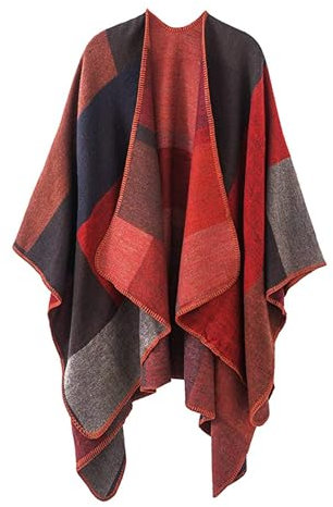 DiaryLook Damen Poncho Schal Winter Cardigan Übergroße Cape Elegant Poncho Für Frauen Umhang Damen Warm Geschenk Für Mutter Orange und Schwarzes Kariert