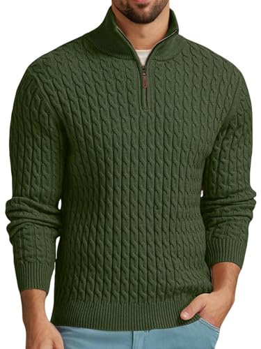 QIXING Pullover Herren Troyer mit Zopfmuster Weicher Freizeit-Strickpullover mit 1/4-Reißverschluss und gerippten Kanten Winterpullover Herren