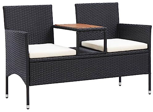 SDWEHO7 Gartenbank mit Tisch und untere Ablage, Wetterfest Outdoor-Bank, Zweisitzer-Bank, Balkon-Bank für Garten, Terrasse und Balkon, 143 cm Poly Rattan Schwarz