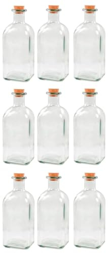 Acan Tradineur - Pack de 9 Botellas de Vidrio, frascas con tapón de Corcho, Reutilizables, rellenables, licores, Aceite, Agua, Vino, Whisky, Bodas – 700 ml
