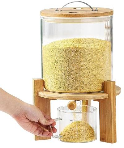 Aocay Distributeur de Riz, Verre Distributeurs de Céréales, Recipient Stockage Riz mit 500ml Tasse Mesure, Distributeur pour Petits Grains, Haricots, Riz, Grande Capacité - Gain de Place (5L)